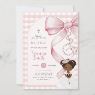 Mädchen Rosa Gingham Taufe Rosa Schleife Perle Afr Einladung