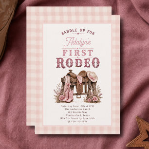 Mädchen Rosa Gingham Vintage First Rodeo 1. Geburt Einladung