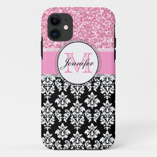 Mädchen, Rosa, Glitzer Black Damask Personalisiert Case-Mate iPhone Hülle (Rückseite)