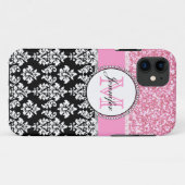 Mädchen, Rosa, Glitzer Black Damask Personalisiert Case-Mate iPhone Hülle (Rückseite (Horizontal))