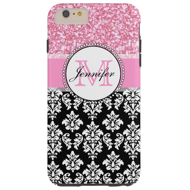 Mädchen, Rosa, Glitzer Black Damask Personalisiert Case-Mate iPhone Hülle (Rückseite)