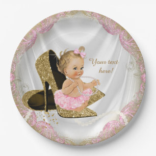 Mädchen Rosa Goldene High Heel Baby Shower Pappteller