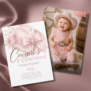 Mädchen Rosa Kokette Foto Cowgirl 1. Geburtstag Einladung
