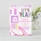 Mädchen Rosa Lila Glitter Lass uns Spielen Indoor Einladung (Stehend Vorderseite)