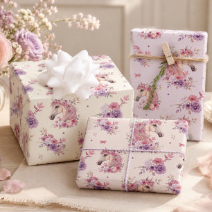Mädchen Rosa Lila Pony Pastell Blumen Geschenkpapier Set
