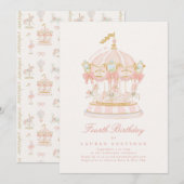 Mädchen Rosa Märchen Karussell Geburtstagsfeier Einladung (Vorne/Hinten)