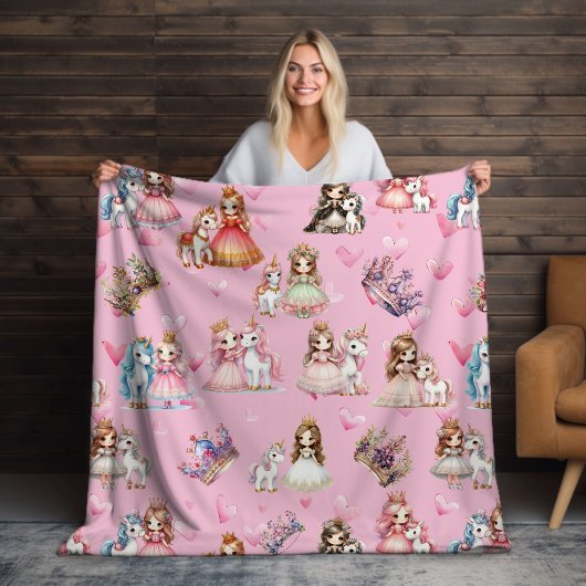 Mädchen rosa Prinzessin & Einhornmuster mit Kronen Fleecedecke