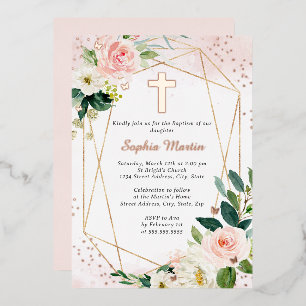 Mädchen Rosa Roségold Kreuz Blumen Taufe Folieneinladung
