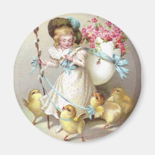 Mädchen, rosa Rosen und Hühner auf der Leine Magnet