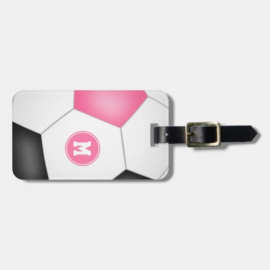 Mädchen rosa Schwarz-weiß Fußball mit Monogramm Gepäckanhänger (Vorderseite horizontal)