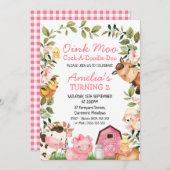 Mädchen Rosa Stalltiere Tiere Blätter Geburtstag Einladung (Vorne/Hinten)