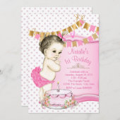 Mädchen Rosa und Gold 1. Geburtstag Einladung (Vorne/Hinten)