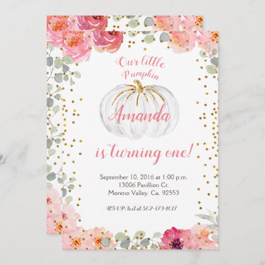 Mädchen-Rosa und Gold unser Kürbis dreht ein Einladung (Vorne/Hinten)