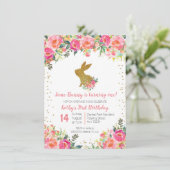 Mädchen-Rosa und Goldhäschen-Geburtstag mit Blumen Einladung (Stehend Vorderseite)