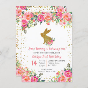 Mädchen-Rosa und Goldhäschen-Geburtstag mit Blumen Einladung