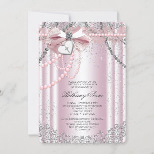 Mädchen Rosa und Graue Perle Erste Kommunion Einladung