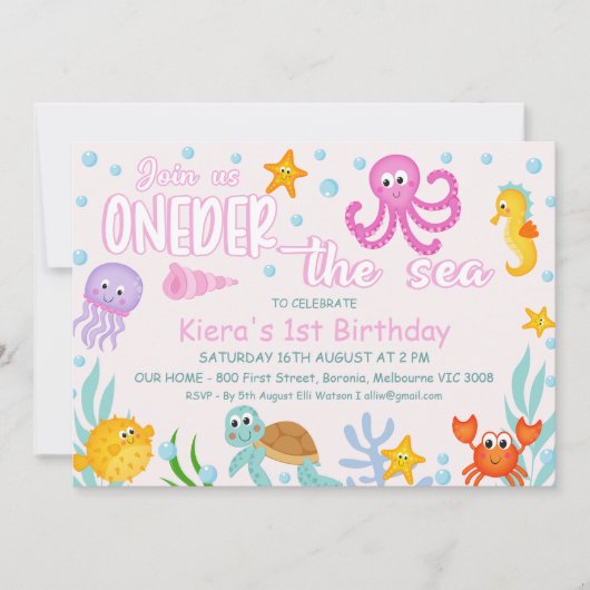 Mädchen Rosa unter Meer Eins der Meer 1. Geburtsta Einladung (Vorderseite)
