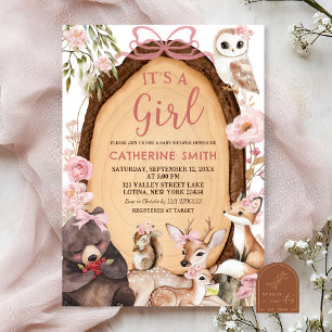 Mädchen Rosa Wald Waldtiere Baby Shower Einladung