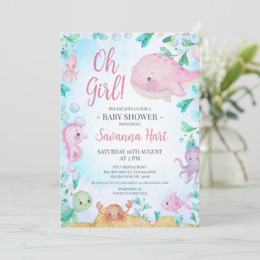 Mädchen Rosa Whale unter der Sea Baby Dusche Einladung (Stehend Vorderseite)