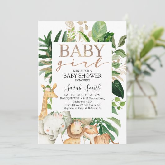 Mädchen Safari Baby Dusche aus Gold und grünen Blä Einladung (Stehend Vorderseite)