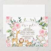 Mädchen Safari Tiere Baby Dusche einladen, rosa Ro Einladung (Vorne/Hinten)