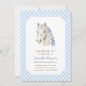 Mädchen satteln Preppy Pony Pferd Blue Geburtstag Einladung (Vorderseite)