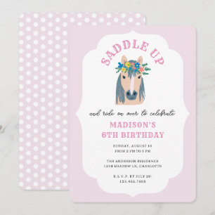 Mädchen sattelt auf rosa Pony Pferd Geburtstag auf Einladung