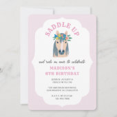 Mädchen sattelt auf rosa Pony Pferd Geburtstag auf Einladung (Vorderseite)