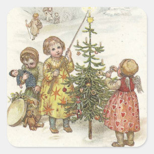 Mädchen schmückt Vintage-Weihnachtsbaum Quadratischer Aufkleber