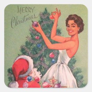 Mädchen schmückt Weihnachtsbaum im Vintage-Stil de Quadratischer Aufkleber