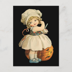 Mädchen schnitzt Apfel Halloween-Postkarte Postkarte