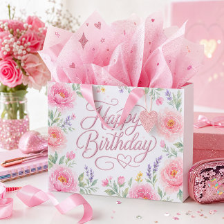 Mädchen Schön Geburtstag Silber Rosa Floral Große Geschenktüte