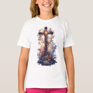 Mädchen-Schönes-Blumen-Christian-Kreuz-T-Shirt T-Shirt