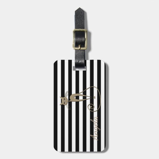 Mädchen, Schwarz, Weiße Streifen, Glitterkatze Gepäckanhänger (Vorderseite vertikal)