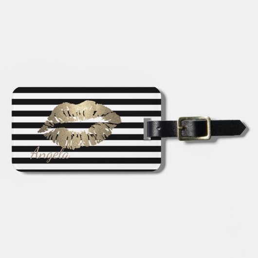 Mädchen, Schwarz, Weiße Streifen, Glitterlippen Gepäckanhänger (Vorderseite horizontal)