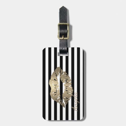 Mädchen, Schwarz, Weiße Streifen, Glitterlippen Gepäckanhänger (Vorderseite vertikal)