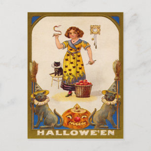 Mädchen schwarze Katze Jack O' Lantern Postkarte