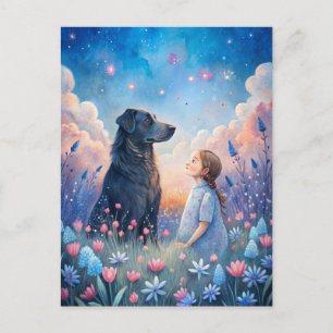 Mädchen Schwarzer Hund Sternenhimmel Postkarte
