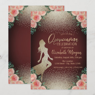 Mädchen-Silhouette, Konfetti-Blumen-Quinceañera Einladung