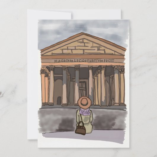 Mädchen sitzt vor Pantheon in Rom. Einladung (Rückseite)