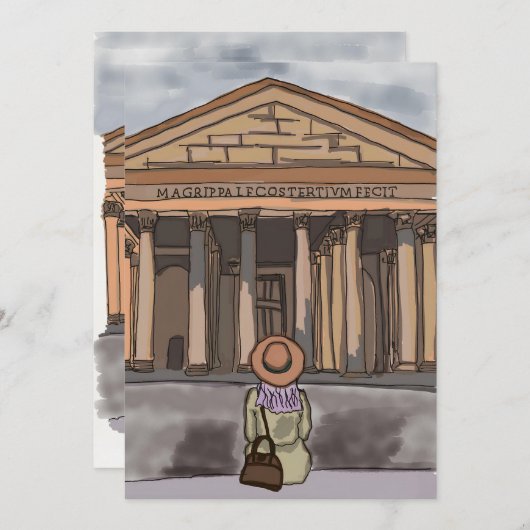 Mädchen sitzt vor Pantheon in Rom. Einladung (Vorne/Hinten)