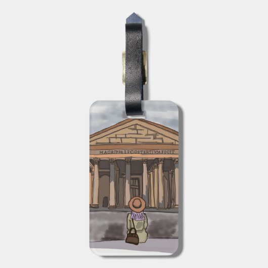 Mädchen sitzt vor Pantheon in Rom. Gepäckanhänger (Rückseite vertikal)