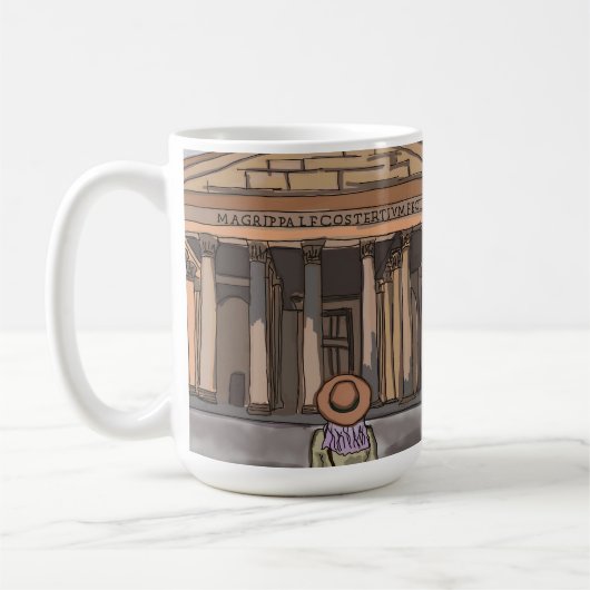 Mädchen sitzt vor Pantheon in Rom. Kaffeetasse (Links)
