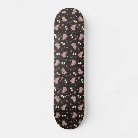 Mädchen Skateboard - rosa Blumen auf dunklem Braun (Vorderseite)