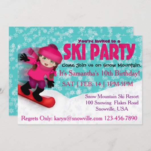 Mädchen-Ski-Party Einladung (Vorne/Hinten)