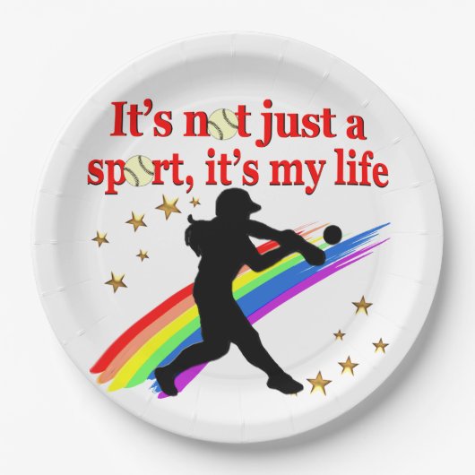 MÄDCHEN SOFTBALL RED RAINBOW INSPIRATIONAL DESIGN PAPPTELLER (Vorderseite)