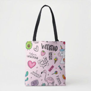 Mädchen-Spaß-Konzept mit Einhorn, Flamingo, Kaktus Tasche