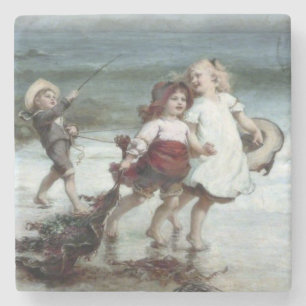 Mädchen spielen Pferde am Strand Steinuntersetzer