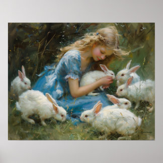 Mädchen spielen zu Ostern mit weißen Bunnien Poster