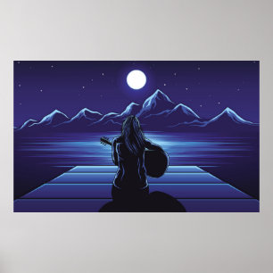 Mädchen spielt Gitarre der Nachtgitarre, Mädchen,  Poster